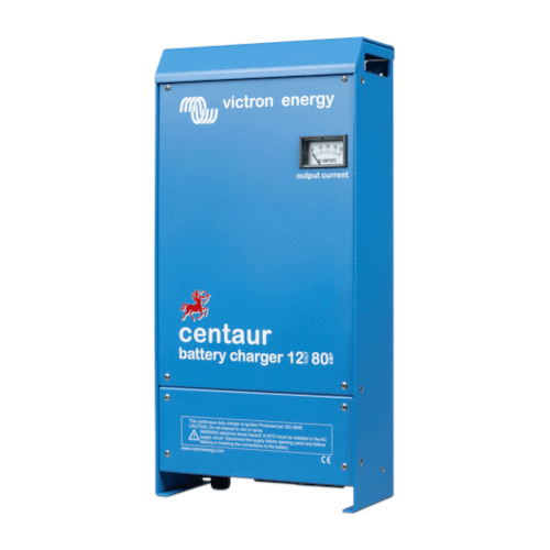 The blue Victron Centaur 12/80 - 12V 80A Charger - 3 Outputs, equipped with an output current gauge and 3 outputs, stands upright on a white background.
