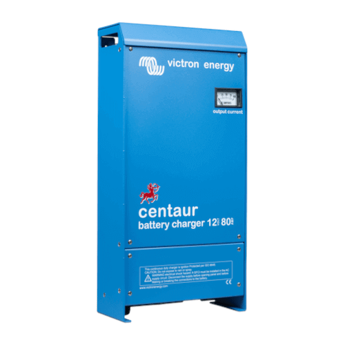 The Blue Victron Centaur 12/80 - 12V 80A Charger - 3 Outputs features an output current display and branding on the front panel, with 3 outputs for versatile use.