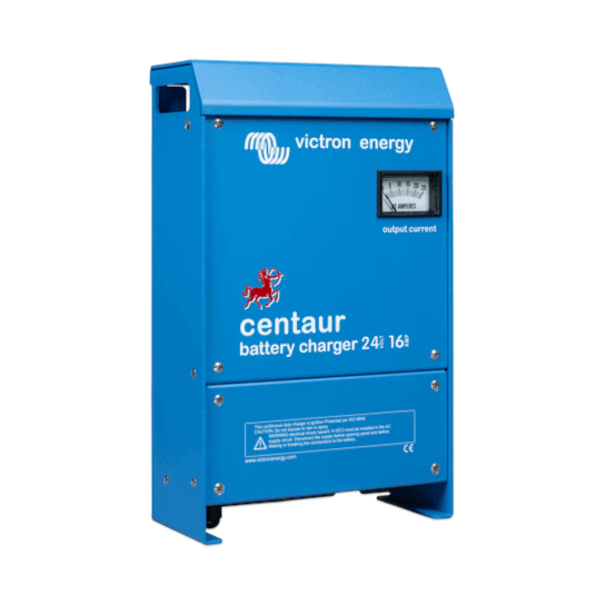 A blue Victron Centaur 24/16 - 24V 16A Charger - 3 Outputs with an output current gauge on its front and 3 outputs for versatile battery connectivity.