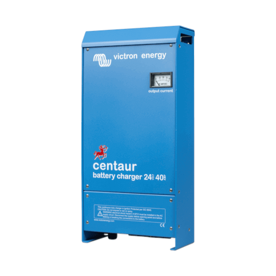 The blue Victron Centaur 24/40 - 24V 40A Charger - 3 Outputs, featuring branding labels and an output current gauge, functions efficiently as a 24V 40A charger.