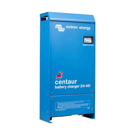 A blue Victron Centaur 24/40 - 24V 40A Charger - 3 Outputs, with a display meter on the front. This 24V charger delivers a robust 40A charge.