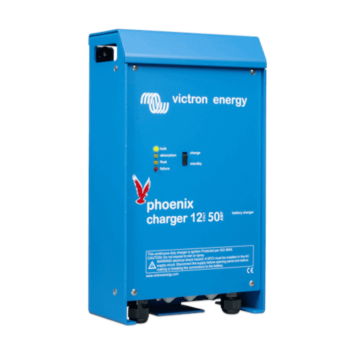 The Blue Victron Energy Phoenix Charger 24V 16A 2+1 Outputs, available in both 12V 50A and 24V 16A models, features a digital screen and multiple indicators on its front panel.