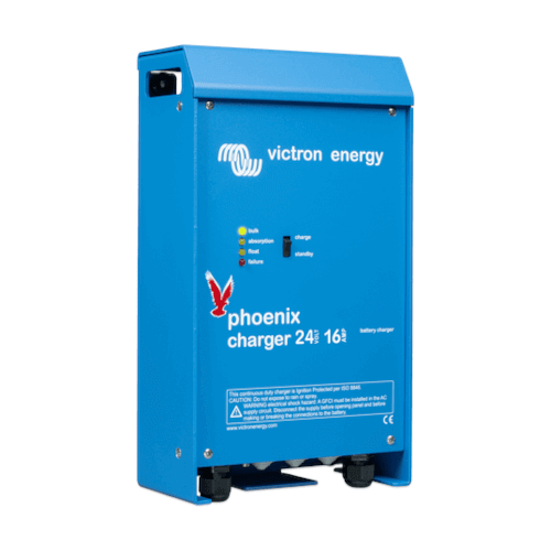 The blue Victron Energy Phoenix Charger 24V 25A 2+1 Outputs with indicator lights and branding.