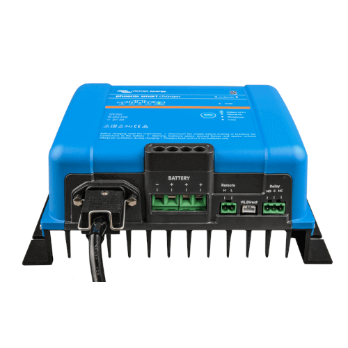 A blue Victron 24V 16A Phoenix Smart IP43 Charger - 3 Outputs with various input and output connectors and a black cooling heat sink at the bottom.