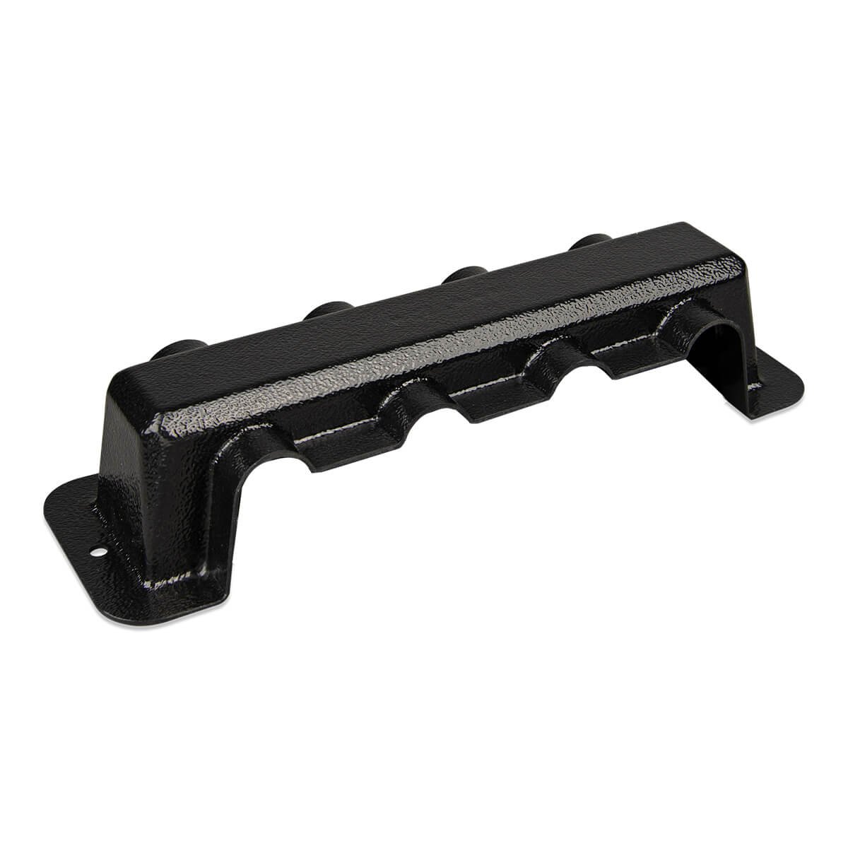 A black metal wall mount holder with five slots, ideal for organizing tools or other items, can also accommodate a Victron Busbar 250A - 4 Terminals + Cover.