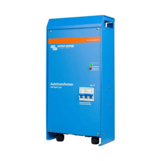 Blue Victron Energy 32A Autotransformer with brand logo, product name, model number, and control switches visible.
