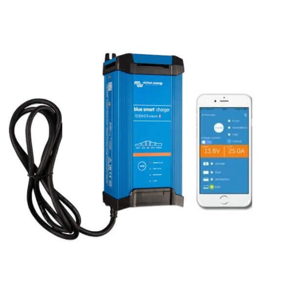 The Victron Battery Charger 12/30 - 12V 30A Indoor (IP22) Blue Smart - 3 Outlets, a sleek blue smart device, connects to your smartphone to display its 12V 30A charging interface.