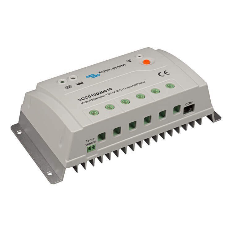 The Victron PWM 30A - 12/24V BlueSolar Pro Charge Controller features multiple indicator lights and terminal connections on a sturdy metal base.