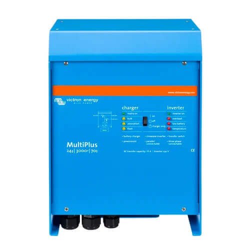 Blue Victron MultiPlus 24/3000/70-16 - 24V 3000VA Inverter/Charger with electronic display and connection ports at the bottom.