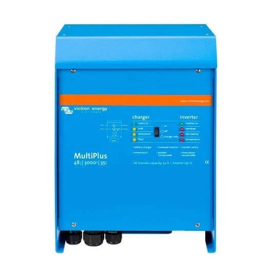 Blue Victron MultiPlus 48/3000/35-50 - 48V 3000VA Inverter/Charger with technical specifications displayed on the front panel, boasting a robust 3000VA charger and efficient 48V inverter.