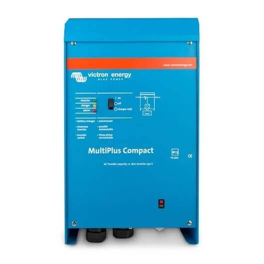 A blue Victron MultiPlus Compact 24/1600/40-16 - 24V 1600VA Inverter/Charger with buttons and indicators on the front panel, featuring a 24V inverter and a 1600VA charger.