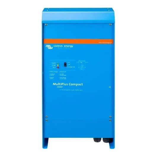 A blue Victron MultiPlus Compact 24/2000/50-30 - 24V 2000VA Inverter/Charger features controls and indicators on its front panel.