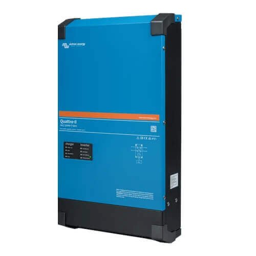 A blue Victron Quattro-II 24/5000/120-50/50 - 24V 5000VA Inverter/Charger with black sides, an orange stripe, and a control panel at the bottom.