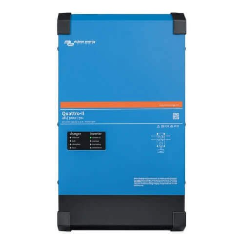 A blue and black Victron Quattro-II 48/5000/70-50/50 - 48V 5000VA Inverter/Charger device with an orange stripe, displaying various indicators and labels, serves as a versatile 48V 5000VA Inverter/Charger.