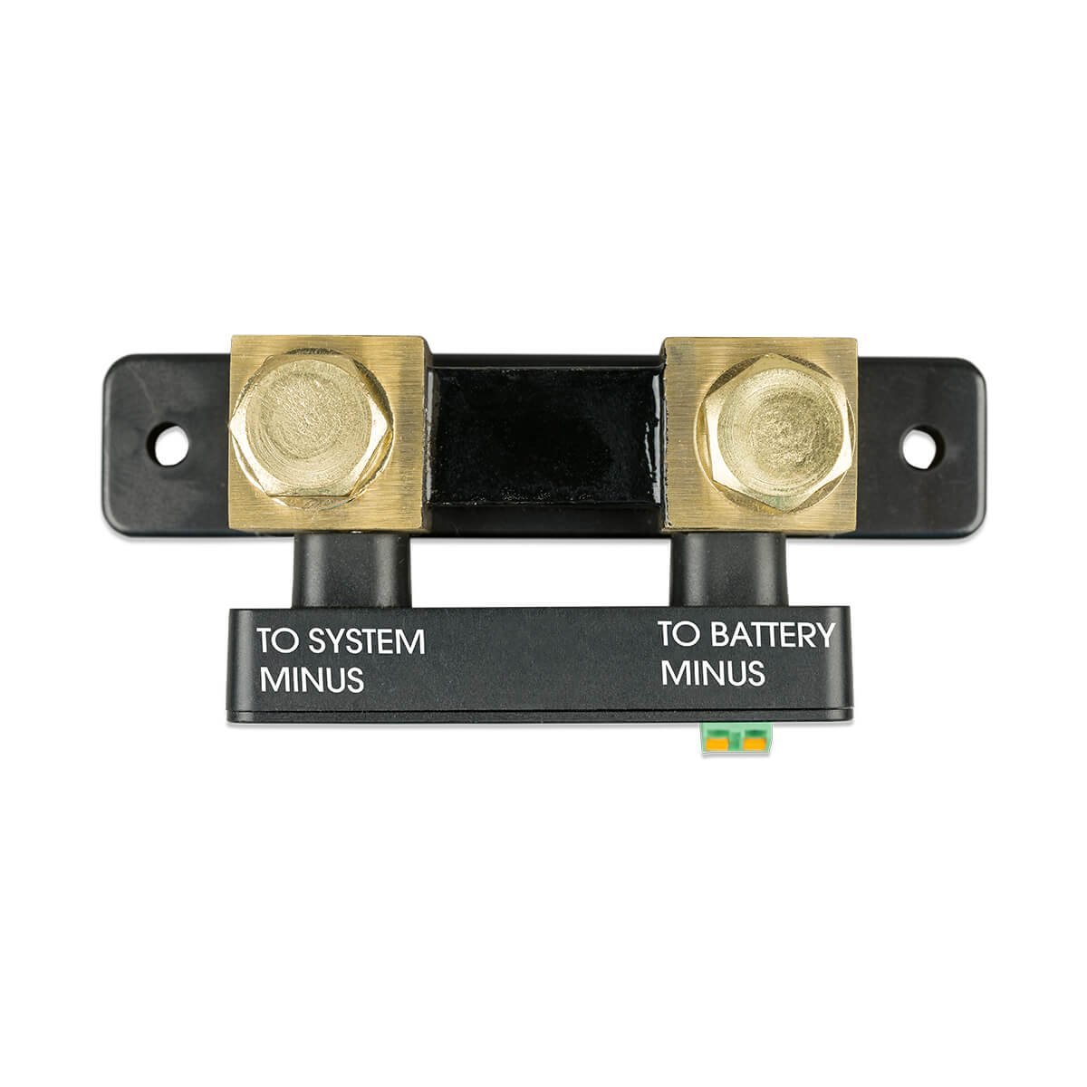 The Victron SmartShunt 500A Battery Monitor features a black shunt resistor with two brass bolts, labeled "TO SYSTEM MINUS" and "TO BATTERY MINUS," on a white background.