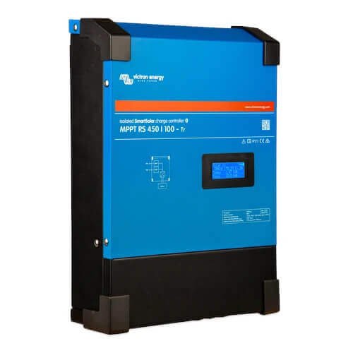 Blue and black Victron SmartSolar MPPT RS 450/100-Tr - Charge Controller with digital display and multiple connectors.
