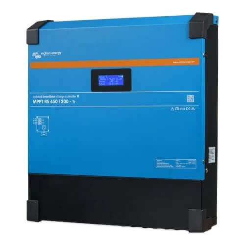 A rectangular blue and black Victron SmartSolar MPPT RS 450/200-Tr - Charge Controller with a small digital display screen.