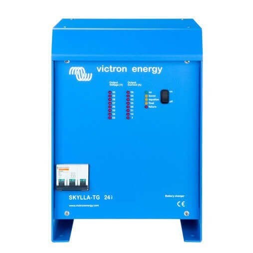 The blue Victron Skylla-TG GL 24V 30A 1+1 Outputs battery charger features 1+1 outputs, along with indicators and a control switch on the front.