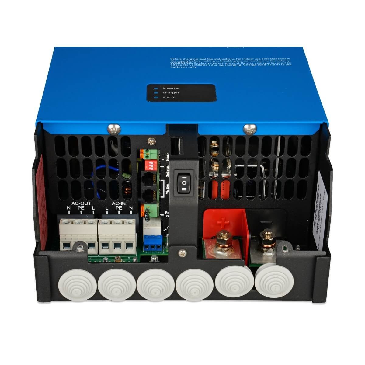The blue and black electronic device, known as the Victron MultiPlus 24V 2000VA Inverter/Charger, features various ports, switches, and connectors on the front panel. It includes a 24V inverter and boasts a powerful 2000VA charger for efficient energy management.