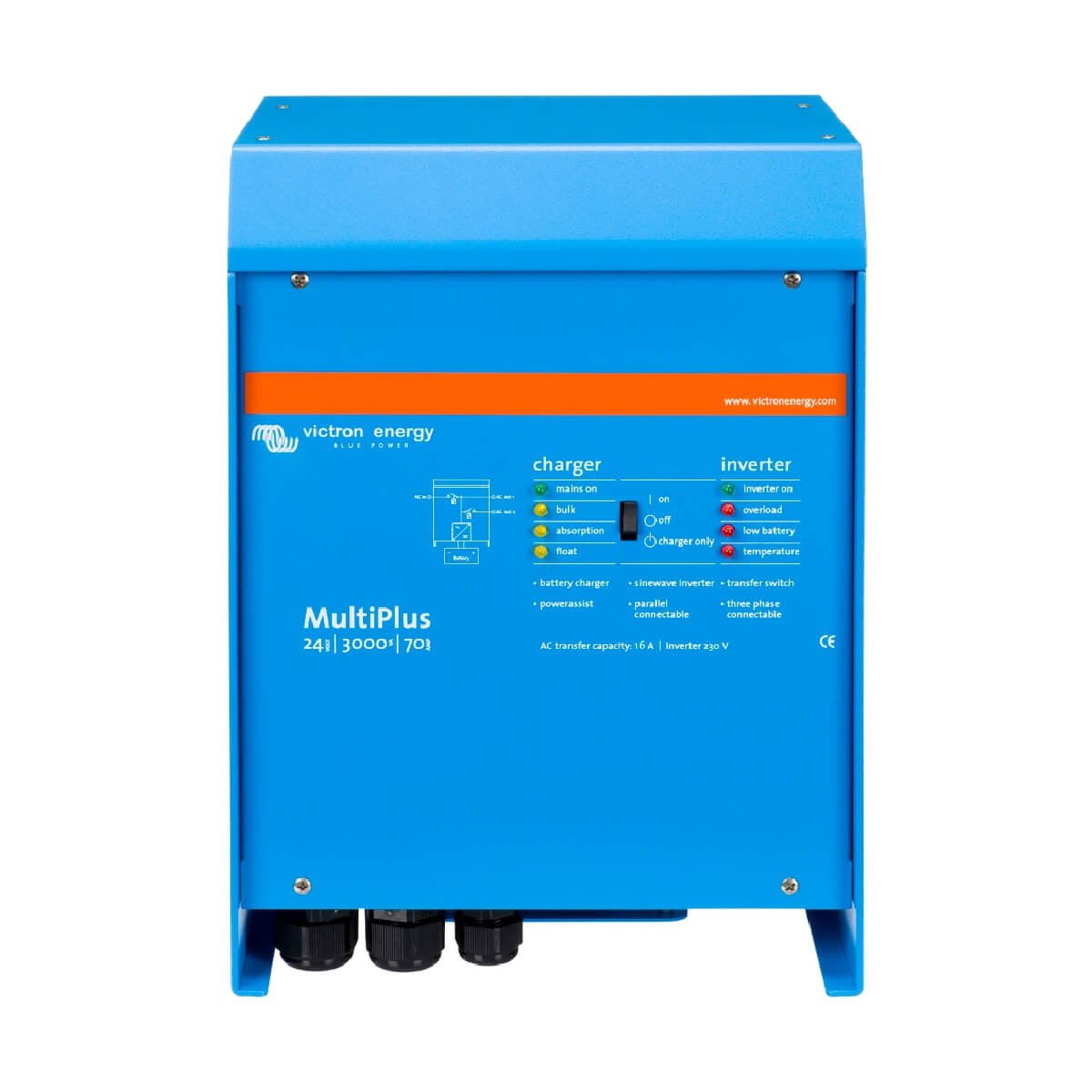 The Victron MultiPlus 24V 3000VA Inverter/Charger features a control panel and multiple connectors, offering robust functionality in a compact design.