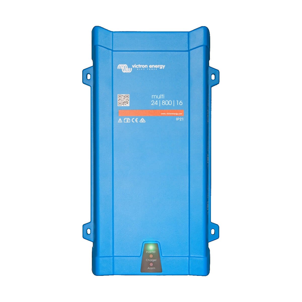 Featuring the reliable Victron MultiPlus 24V 800VA Inverter/Charger, this blue energy inverter/charger boasts a model label "multi 24/800/16" and indicator lights on the front. It's equipped with an 800VA charger and a 24V inverter for seamless power management.