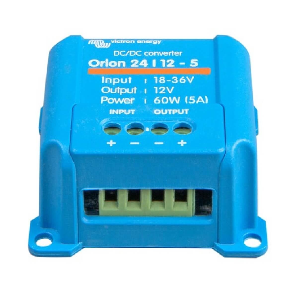 Victron Orion-Tr 24/12-5 DC-DC Converter - 24V to 12V 5A Non-isolated Converter with 18-36V input, 12V output, 60W power (5A), and multiple connection ports.