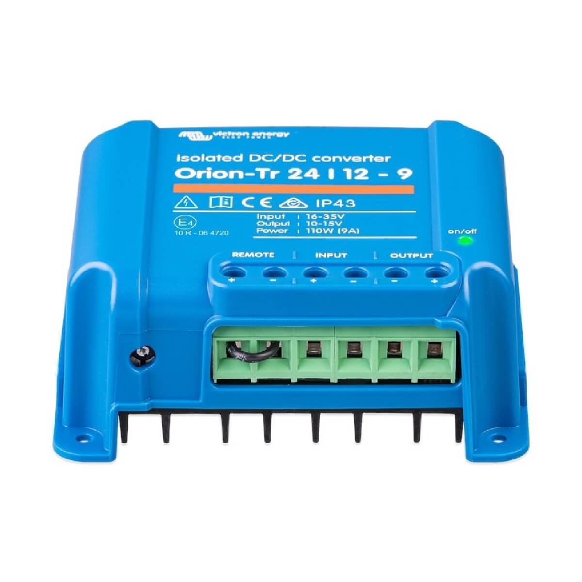 The Victron Orion-Tr 24/12-9 DC-DC Converter - 24V to 12V 9A Isolated Converter features green input/output connectors and detailed specifications on top.