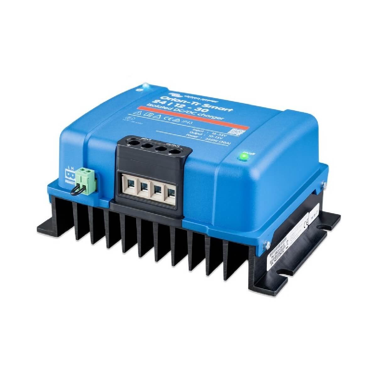 A blue electronic device with four terminal ports and a black heat sink at the bottom.