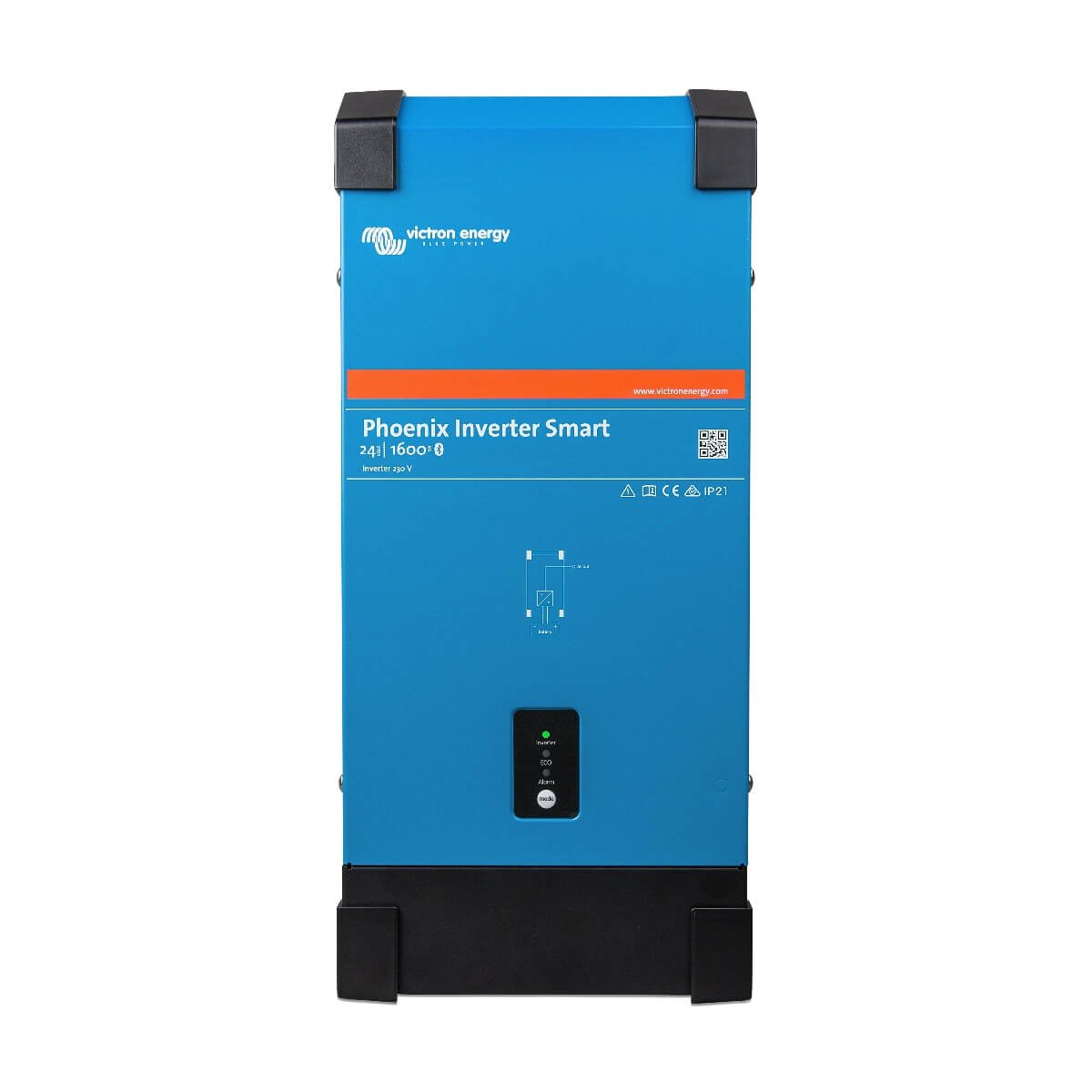 A blue Victron 24V 1600VA Inverter - Pure Sine Wave Phoenix Inverter Smart, model number 24V 1600VA, featuring a digital display and control buttons. This efficient Victron 24V 1600W Inverter provides reliable power conversion for various applications.
