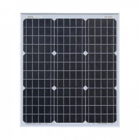 50W Solar Panel – Monocrystalline Panel with 5m cable with a grid of dark cells bordered by a white frame against a white background, featuring a 5m cable.
