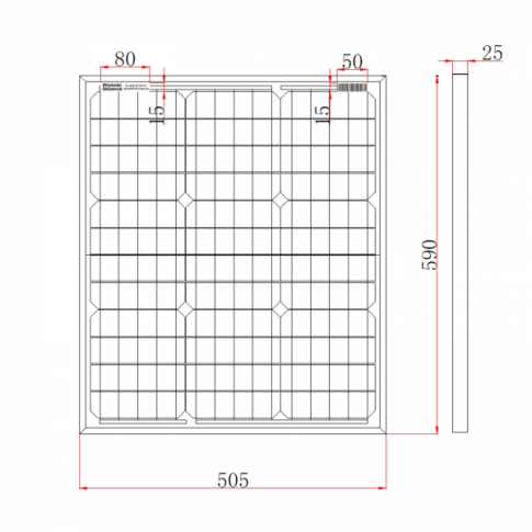 Technical drawing of a 50W Solar Panel – Monocrystalline Panel with 5m cable, with dimensions labeled, measuring 505mm by 505mm and 25mm thick. Includes a detailed note on the attached 5m cable for easy installation.