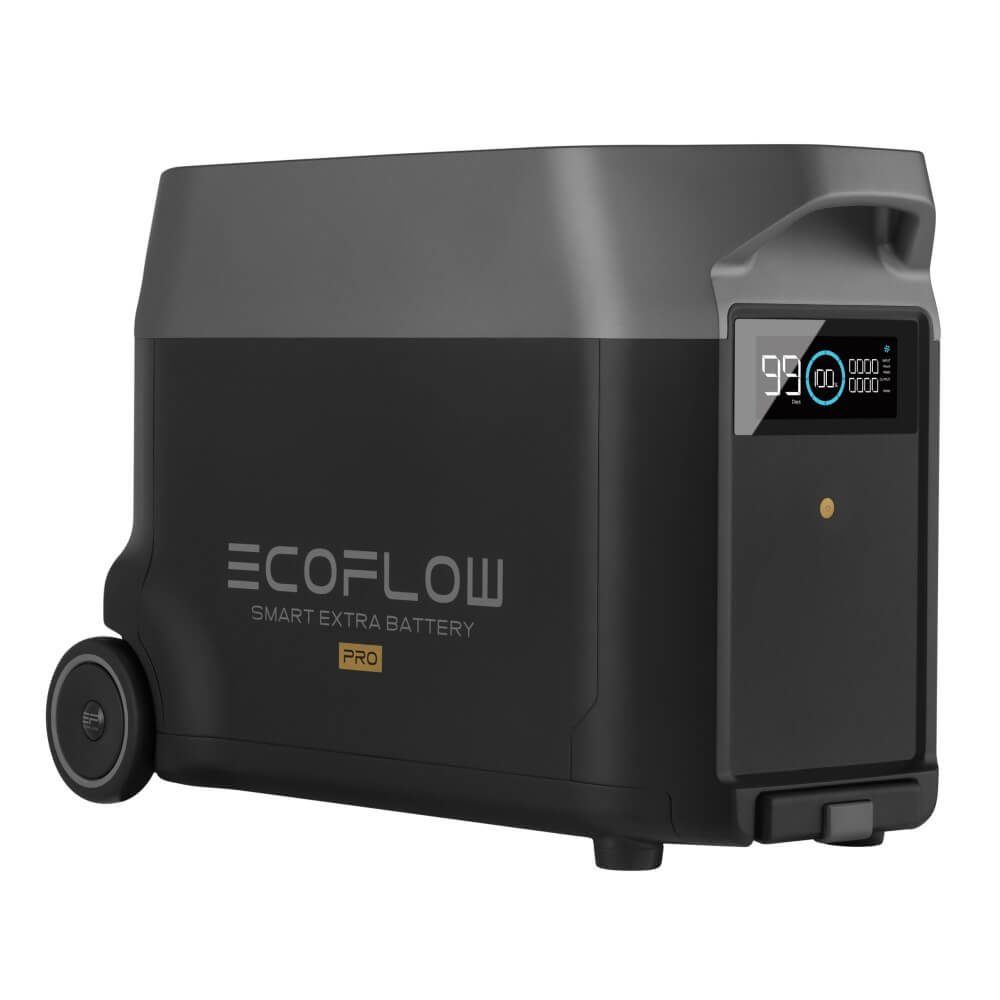 Portable EcoFlow DELTA Pro Extra Battery for DELTA Pro Powerbank with a digital display, black color, and two rear wheels for easy transport.