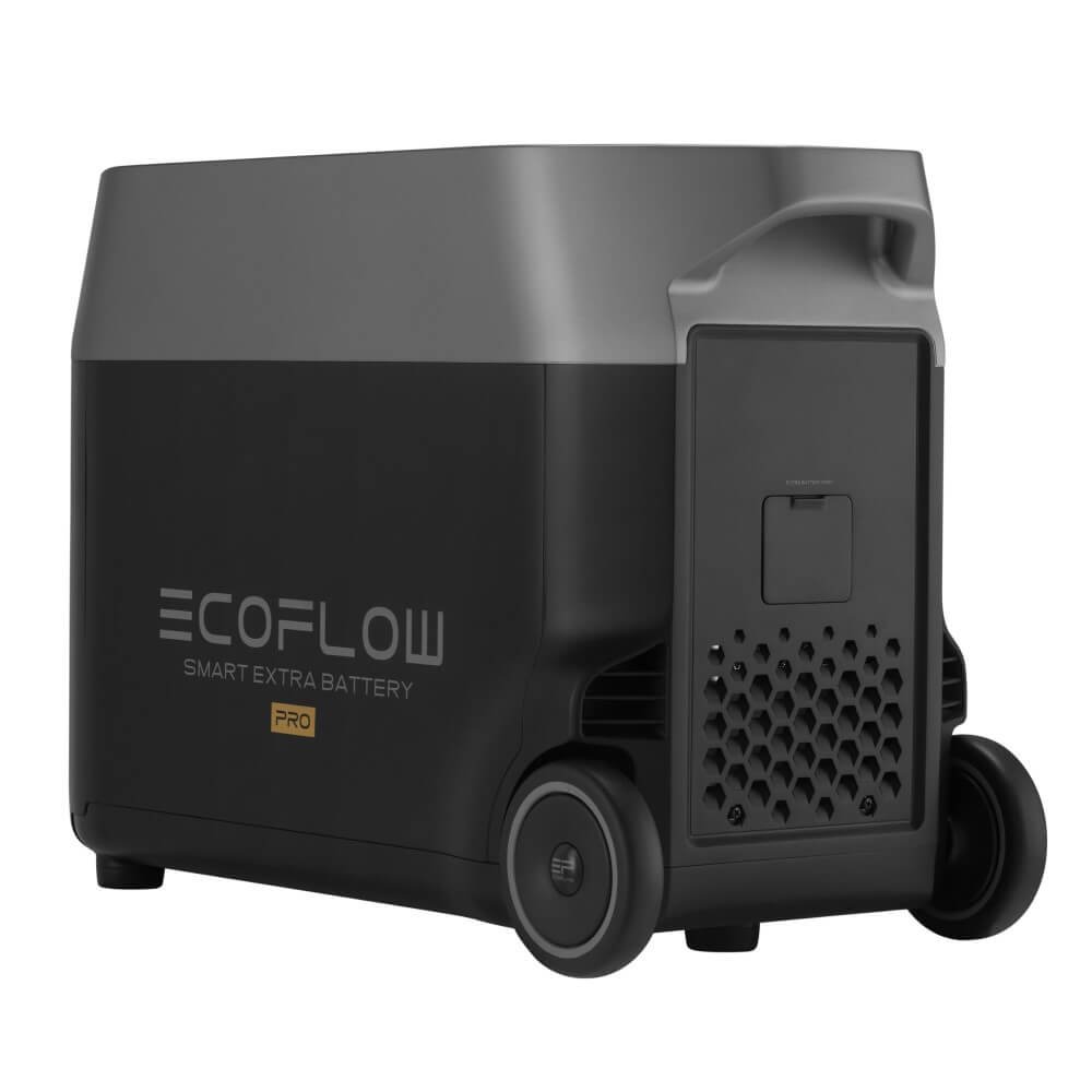A black EcoFlow DELTA Pro Extra Battery for DELTA Pro Powerbank with wheels and handle, designed as a portable power source.