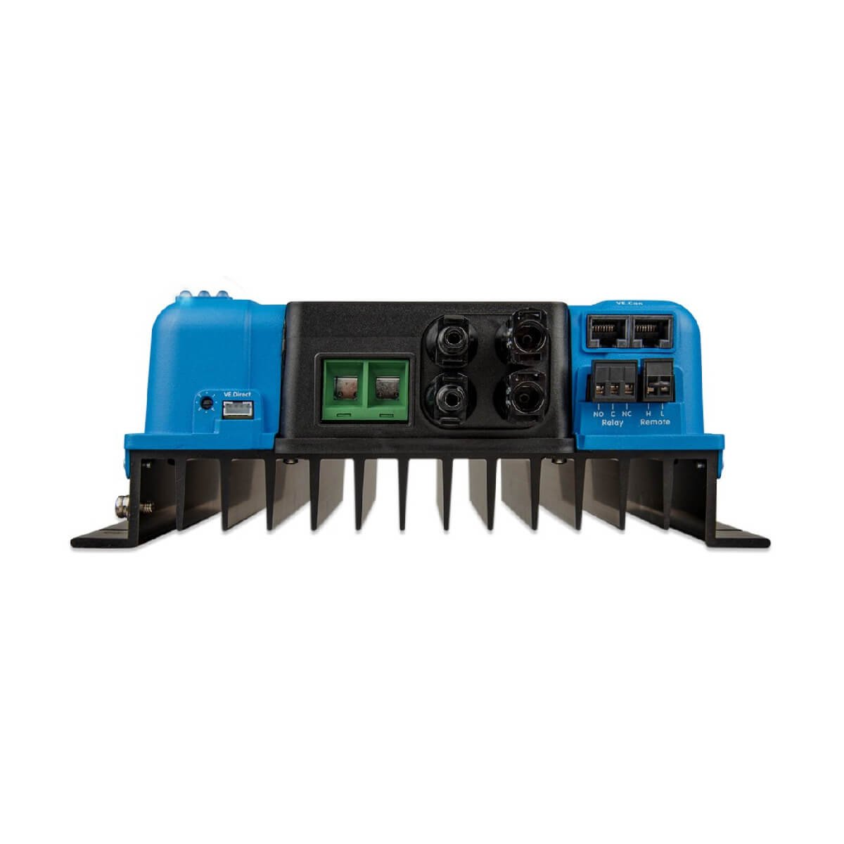 The blue and black Victron MPPT 250/70 - SmartSolar Charge Controller - MC4 VE.Can electronic device features multiple ports and connectors on the front, along with a cooling finned base.