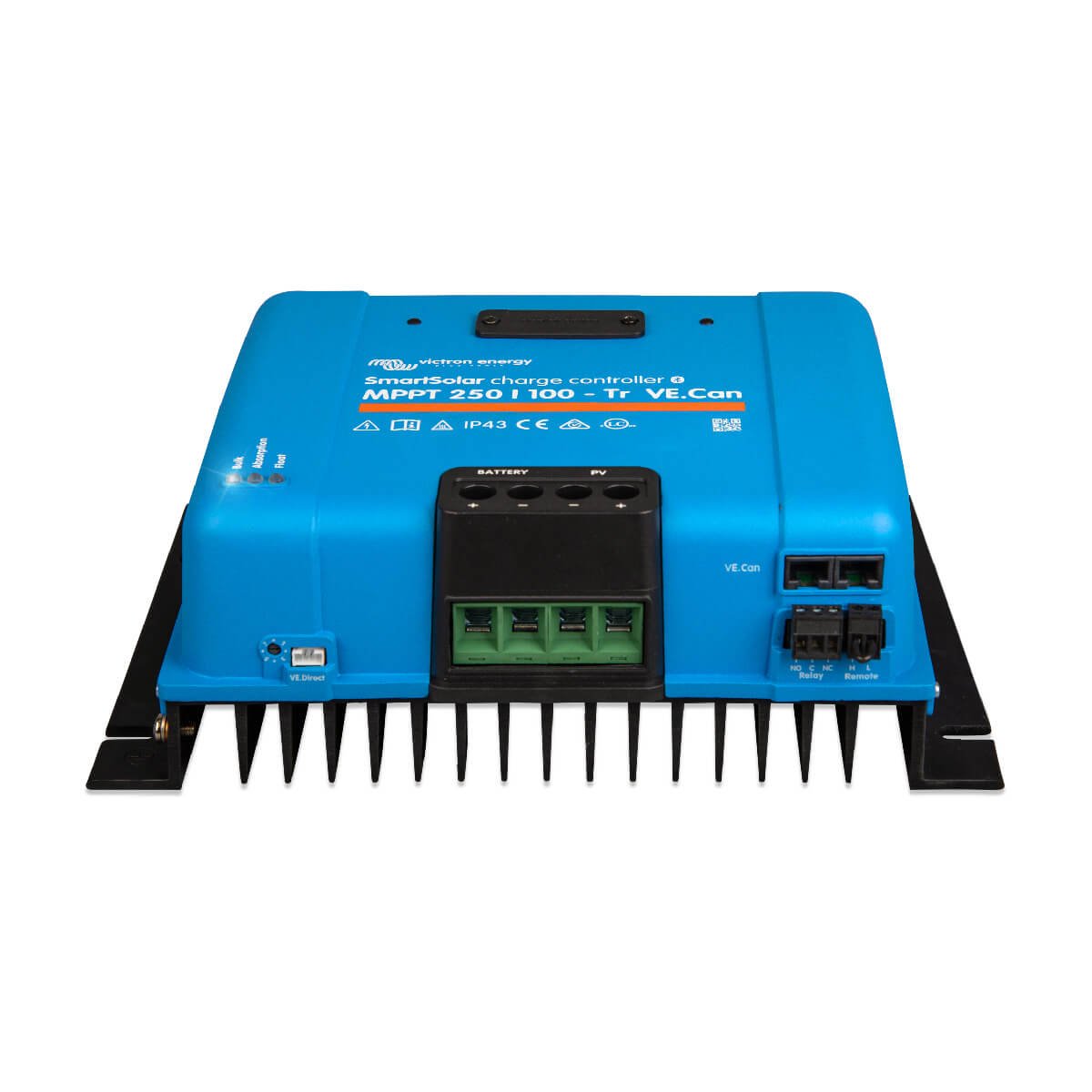 Blue Victron MPPT 250/100 - SmartSolar Charge Controller - Tr VE.Can with various ports and connectors, mounted on a black heatsink.