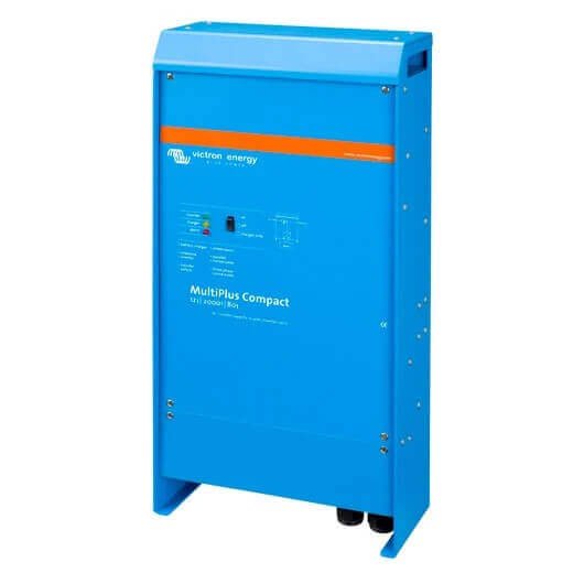 The blue Victron MultiPlus Compact 12/2000/80-30 - 12V 2000VA Inverter/Charger is mounted on a white background.
