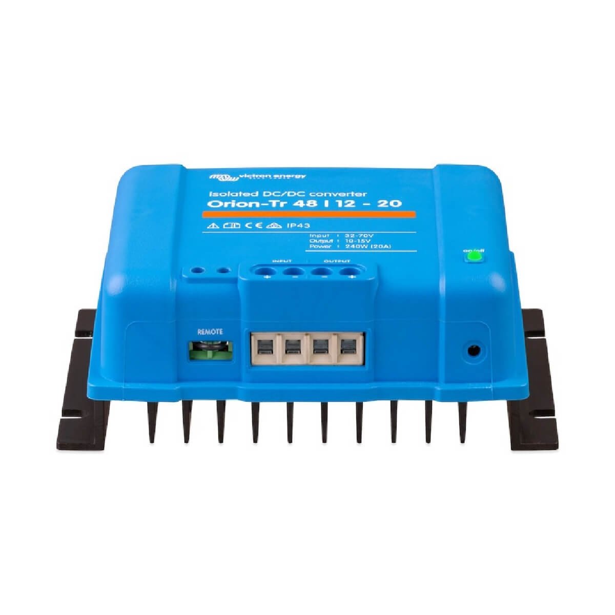 The Victron Orion-Tr 48/12-20 DC-DC Converter - 48V to 12V 20A Isolated Converter, known as the Blue Orion-Tr, features multiple ports and cooling fins, designed to efficiently handle 48V to 12V/20A conversion.