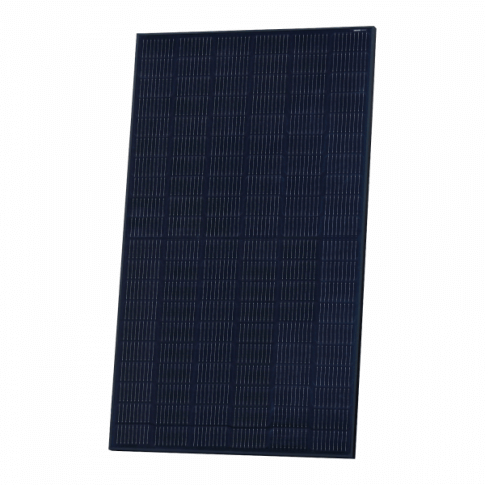A single black LG NeON 380W Solar Panel – Monocrystalline Panel - Black against a white background, in a slightly tilted position.