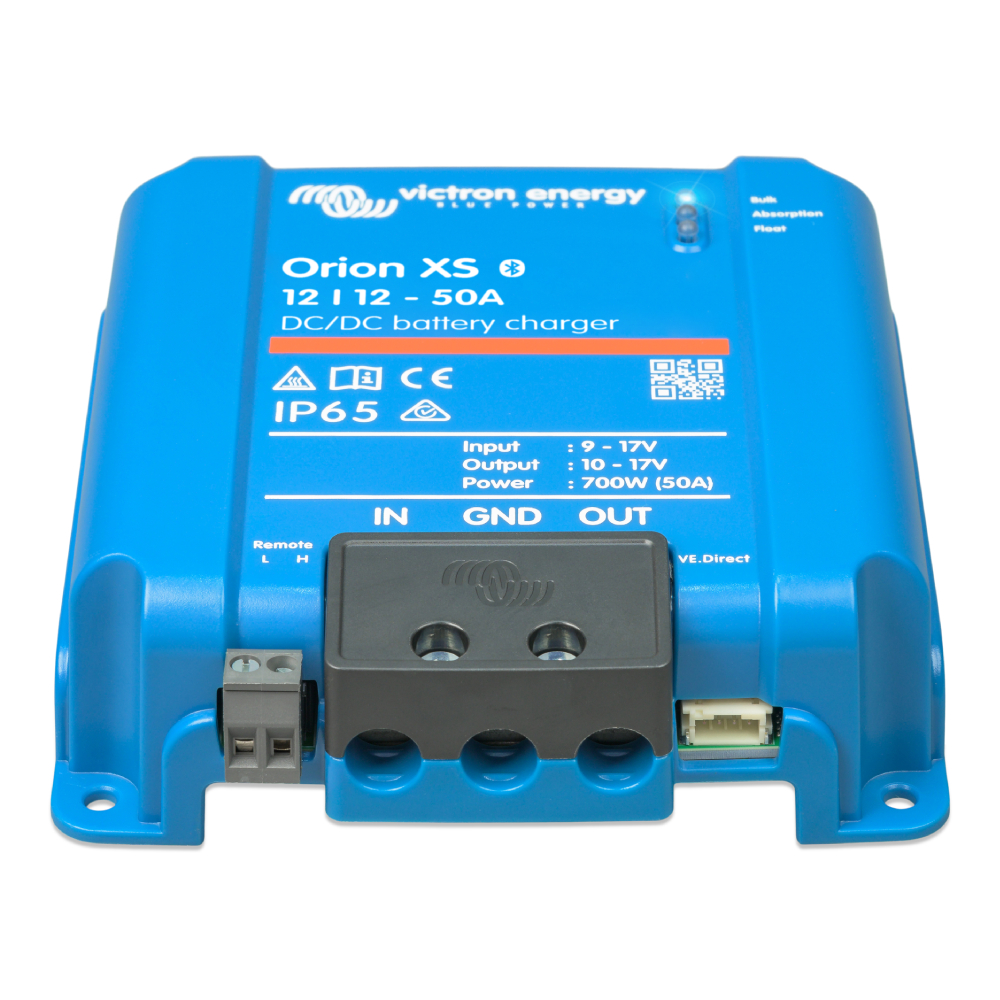 A blue Orion XS 12/12-50A DC-DC Battery Charger - Victron Non-Isolated Smart BuckBoost with specifications written on it, showing input, output, and IP65 rating.