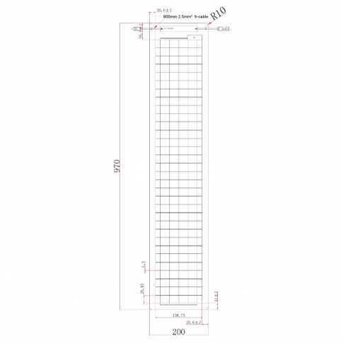 A technical drawing of a tall, narrow rectangular grate with measurements and a grid pattern, incorporating elements of the 30W Semi-Flexible Solar Panel (Ultra-Narrow) - Monocrystalline Panel design.