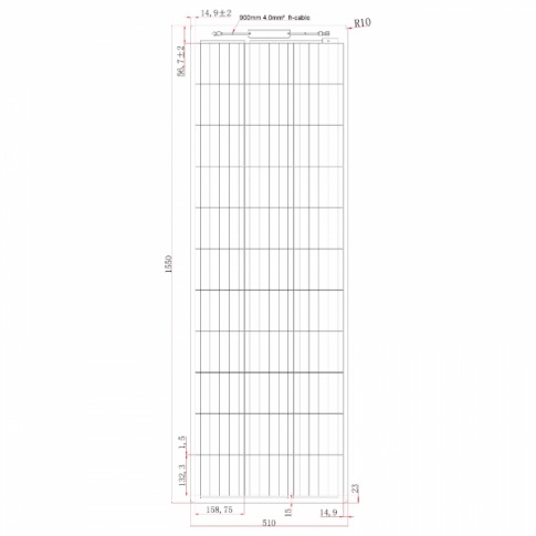 Diagram of a rectangular panel with grid lines and dimensions marked, including height, width, and specific segment lengths. This 150W Semi-Flexible Solar Panel (Narrow) – Monocrystalline Panel layout ensures precision in installation.