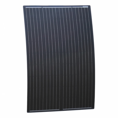 A 120W Semi-Flexible Solar Panel - (Rear Junction Box) with a curved black design and horizontal grid lines.