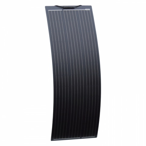 A curved black 130W Semi-Flexible Solar Panel (Narrow) – Monocrystalline Panel with vertical white lines on a white background.