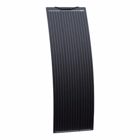 A flexible, curved 150W Semi-Flexible Solar Panel (Narrow) – Monocrystalline Panel with thin vertical lines on a white background.