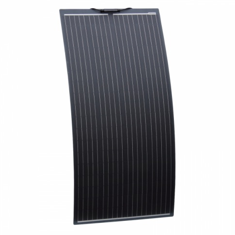 A thin, rectangular, 160W Semi-Flexible Solar Panel - Monocrystalline Panel with vertical lines, slightly curved, set against a white background.