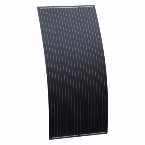 A curved, rectangular 180W Semi-Flexible Solar Panel - (Rear Junction Box) with thin vertical white lines against a plain white background.