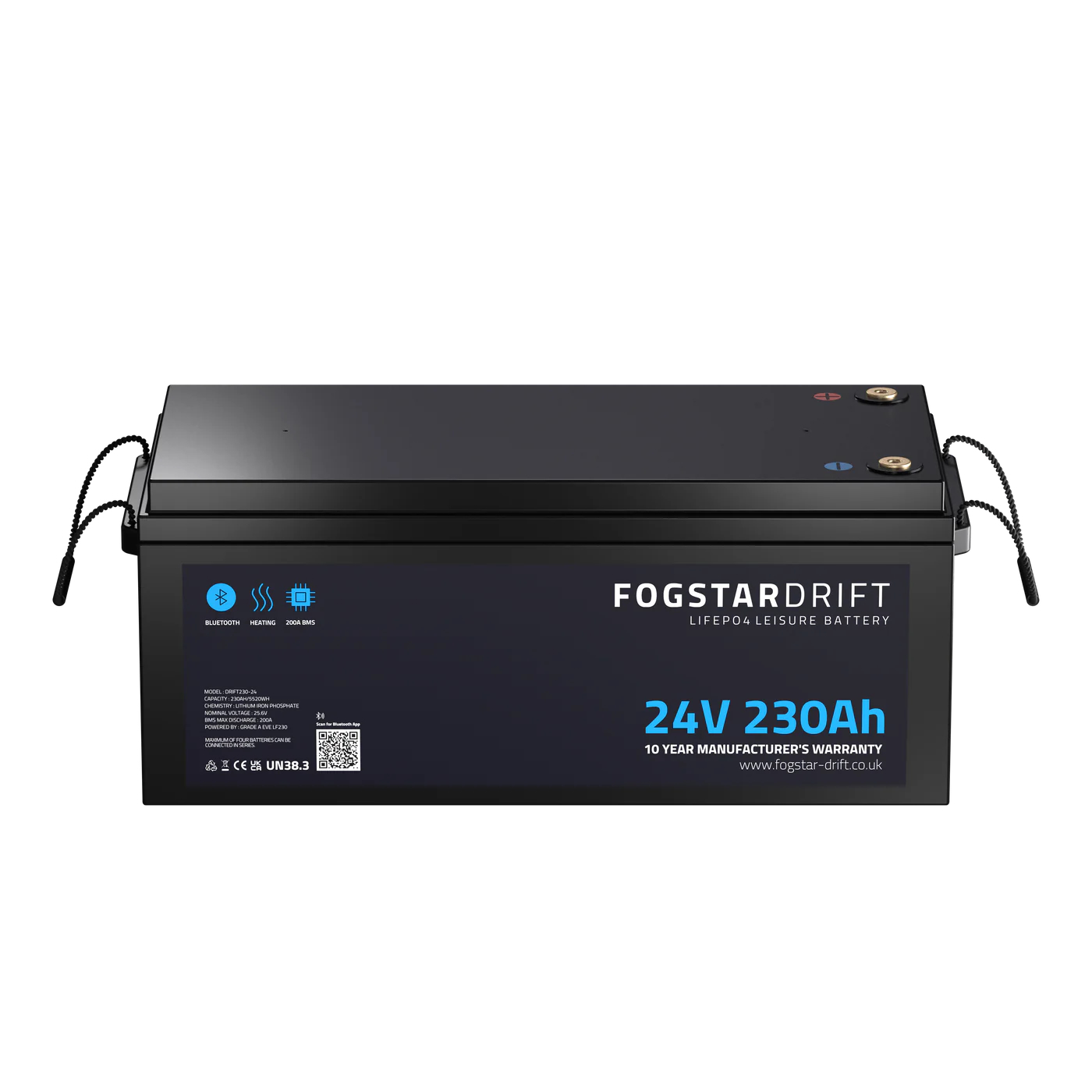 fogstar drift 230ah 24v lithium leisure battery front view, 24v leisure batteries