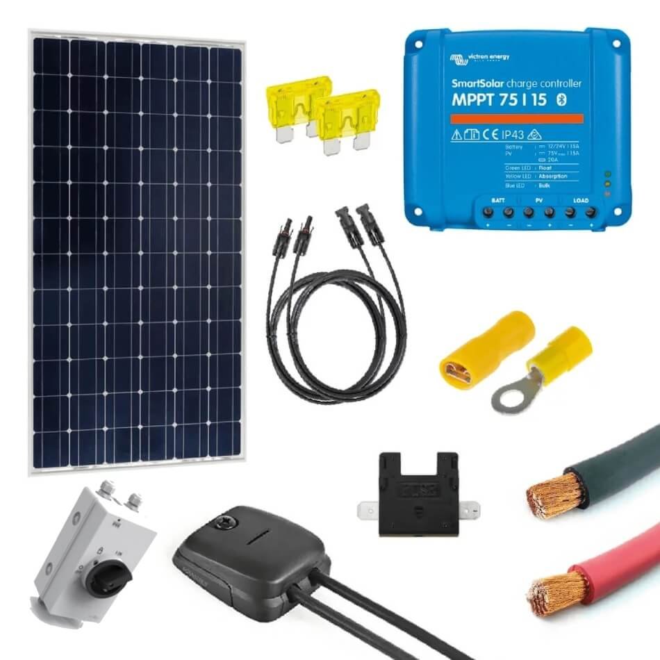 Components of the 185W Solar Panel Kit – Includes Victron MPPT & 1x 185W Rigid Panel, include a solar panel, charge controller, cables, connectors, fuses, and wires.