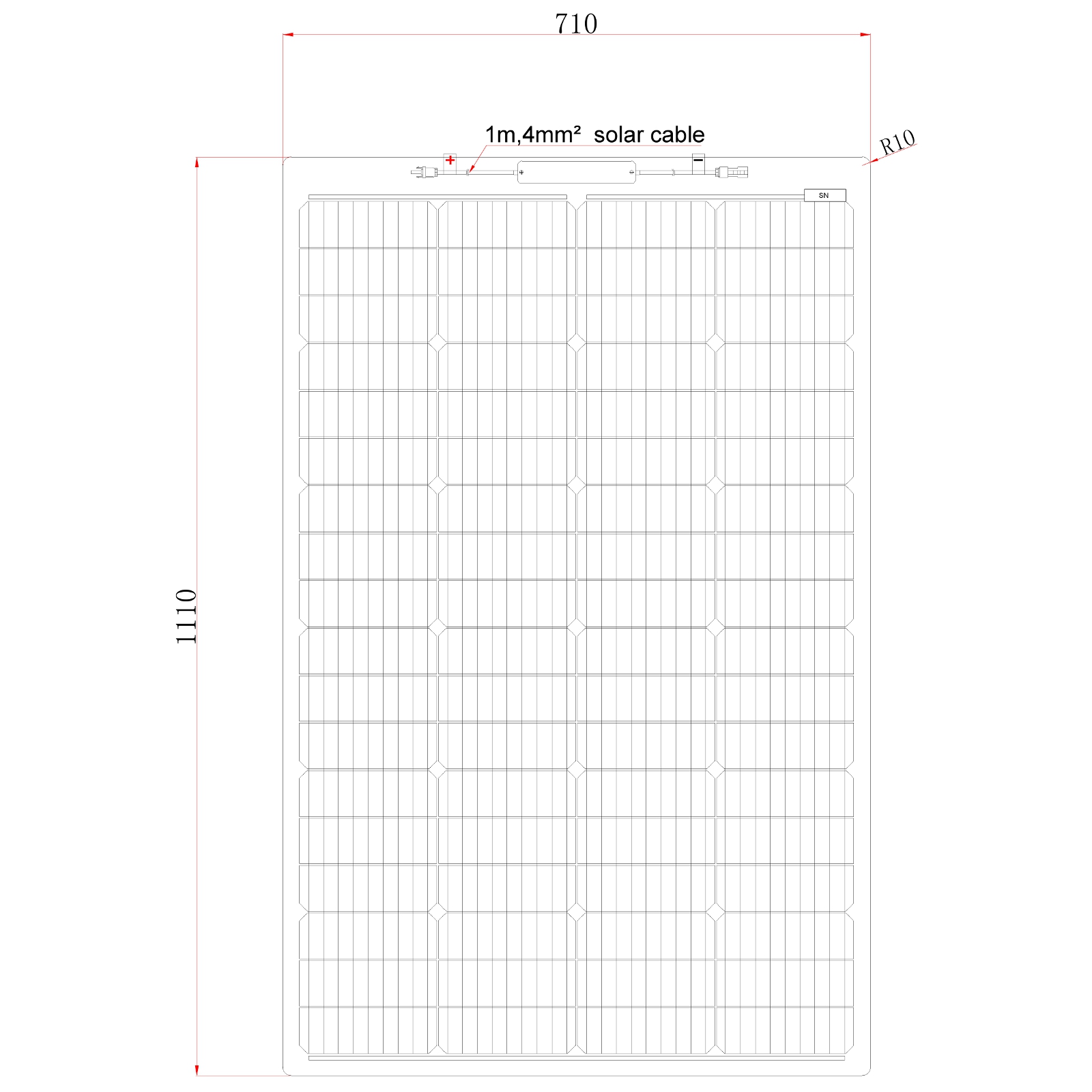 Diagram of a 150W Reinforced Semi-Flexible Solar Panel with dimensions 710mm by 1110mm and a 1m 4mm² solar cable, labeled and depicted with rounded corners (R10).