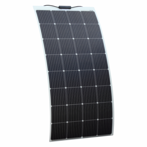 The 200W Flexible Solar Panel Kit, featuring a Victron MPPT, includes a curved 200W flexible panel with multiple black photovoltaic cells arranged in a grid pattern on a white background.